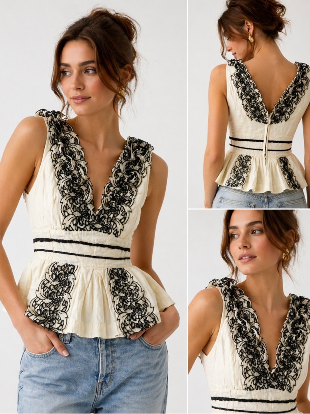 Anthropologie Floreat Embroidered Lace Peplum Top Cream Black Size 0